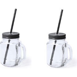 Mason Jar drinkbekers - 2x - glas - dop zwart met rietje - 500ml - Drinkbekers