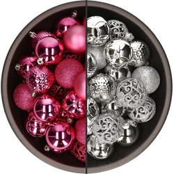 74x stuks kunststof kerstballen mix van fuchsia roze en zilver 6 cm - Kerstbal