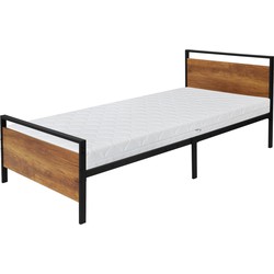 Metalen bed 90x200 cm incl. matras H:16cm zwart/bruin bedframe met houten hoofdbord & voeteneind ML design