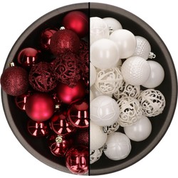74x stuks kunststof kerstballen mix van donkerrood en wit 6 cm - Kerstbal