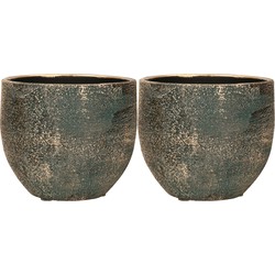 Set van 2x stuks luxe plantenpotten/bloempotten blauw/goud Madeira van keramiek 14 cm - Plantenpotten