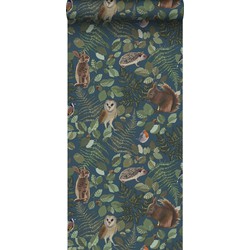 ESTAhome behang bosdieren donkerblauw, groen en bruin - 0,53 x 10,05 m - 139250