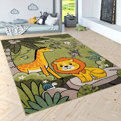 Kindervloerkleed - Eceria - Leeuw & Giraffe - Groen - 160x220 cm