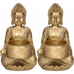 2x Decoratie boeddha beeldje met theelichthouder goud zittend 14 cm - Waxinelichtjeshouders