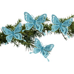 4x stuks kerstboom decoratie vlinders op clip glitter blauw 14 cm - Kersthangers