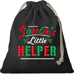 1x Kerst cadeauzak zwart Santa his little helper met koord voor als cadeauverpakking - cadeauverpakking kerst