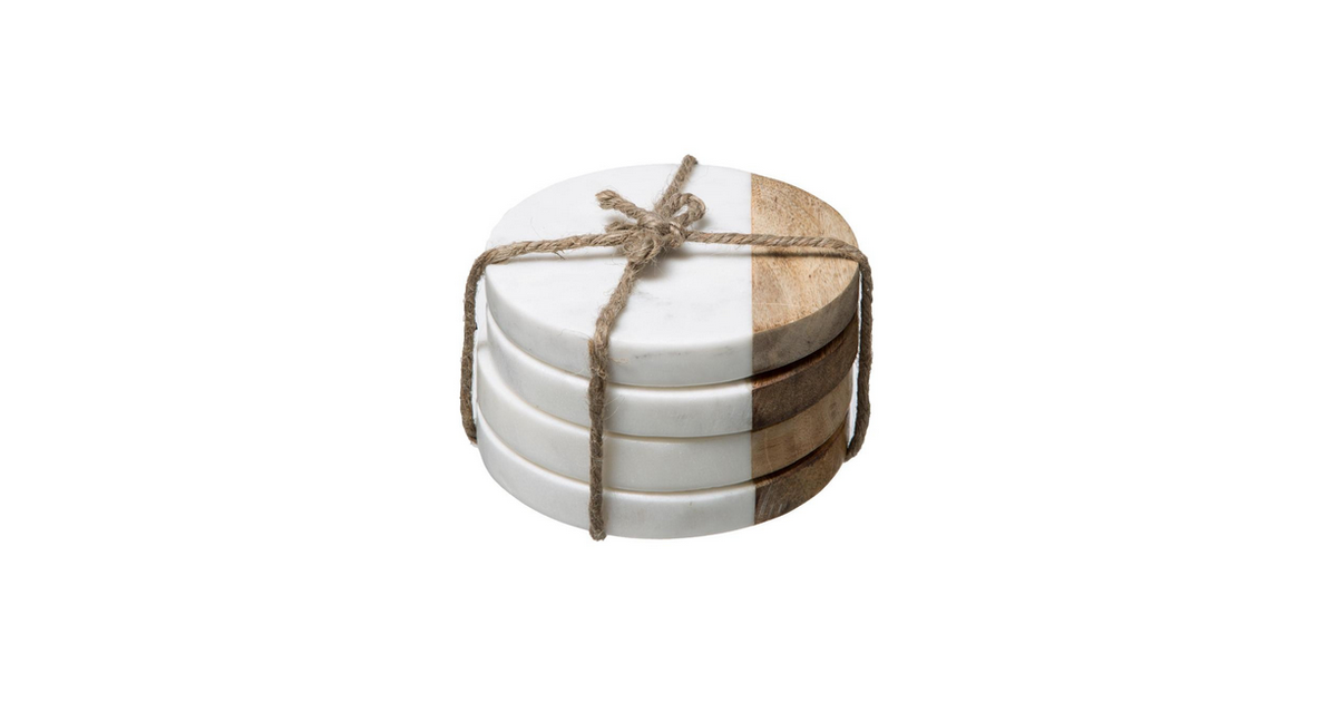 Set van 4 stuks Onderzetters wit marmer mango hout | Coasters marmer diameter 10 cm
