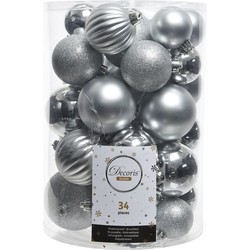 Decoris Kerstballen - 34x st - zilver - 4, 6, 7 en 8 cm - kunststo - Kerstbal