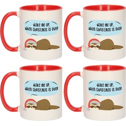 Set van 4x stuks wake me up when Christmas is over kerstcadeau mokken/bekers rood Kerstmis 300 ml - Bekers