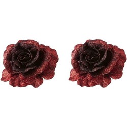 2x Kerstversieringen glitter roos rood op clip 10 cm - Kersthangers