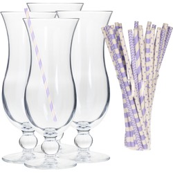 Cocktail set van 4x cocktail glazen en 100x rietjes - 440 ml - lila/paars - Drinkglazen