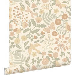 ESTAhome behang bloemen en vogels beige, groen en zacht roze - 50 x 900 cm - 139867