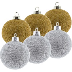 6x Goud/zilveren Cotton Balls kerstballen decoratie 6,5 cm - Kerstbal