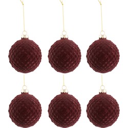 J-line - Doos Van 6 Kerstballen Patroon Fluweel Glas Burgundy Small - 8x8x8cm