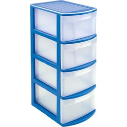 Ladeblok/bureau organizer met 4x lades - blauw/transparant - L39 x B28.5 x H78 cm - kunststof - Ladeblok