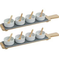 12x Snackschaaltjes/sausschaaltjes wit porselein rond 7 cm op serveerplank - Snack en tapasschalen