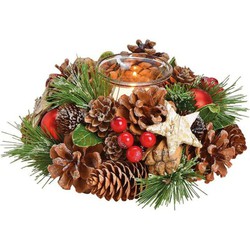 Complete kerststukjes krans met theelichthouder en decoratie 17 cm - Kerststukjes