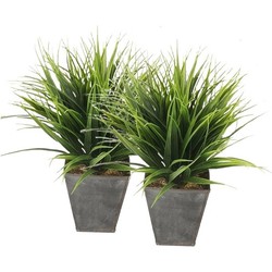 Grasplant in zwarte zinken pot - 2x - 30 cm - Kamerplant kunstplanten - Kunstplanten