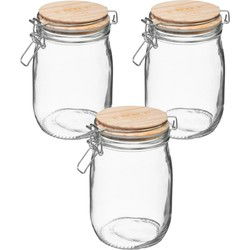 5Five Weckpot/voorraadpot - 3x - 1L glas - houten deksel en beugelsluiting - Voorraadpot