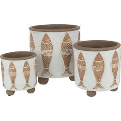 D- J-line - Set Van 3 Bloempot Vis Cement Wit/beige - 11x11x12cm