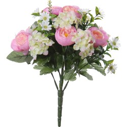 Roze hortensia/ranonkel Hydrangea/Ranunculus mix boeket kunstbloemen 35 cm - Kunstbloemen