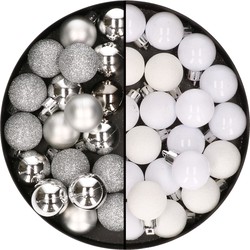 40x stuks kleine kunststof kerstballen wit en zilver 3 cm - Kerstbal