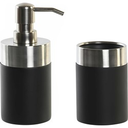 Badkamer accessoires setje drinkbeker en zeeppompje 17 cm zwart/zilver - Zeeppompjes