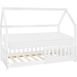 Kinderbed huisbed 80x160 cm wit gemaakt van dennenhout incl. matras H-10cm uitvalbeschermend dak en lattenbodem ML-Design