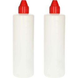 Plasticforte Doseerfles/sausfles - 2x - kunststof - transparant - met schenktuit - 500 ml - 22 cm - Maatbekers