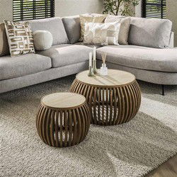 Hoyz Collection - Salontafel Set-2 Curve Nuovo Travertin - Massief Mango Zandkleur