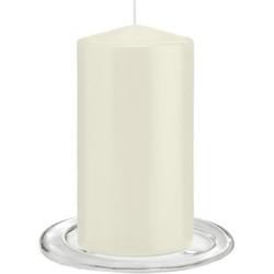 Trend Candles - Stompkaarsen met glazen onderzetters set van 2x stuks - ivoor wit 8 x 15 cm - Stompkaarsen