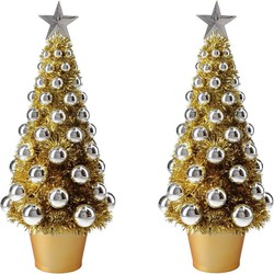 2x stuks complete mini kunst kerstboompje/kunstboompje goud/zilver met kerstballen 40 cm - Kunstkerstboom