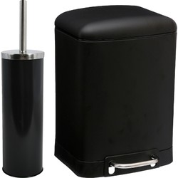 MSV Badkamer accessoires set - zwart - metaal - pedaalemmer 6L en toiletborstel in houder - Toiletborstels