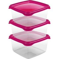 Hega Hogar Vershoudbakjes - set 3x stuks - 1.3 liter - transparant/roze - L16 x B16 x H11 cm - Vershoudbakjes