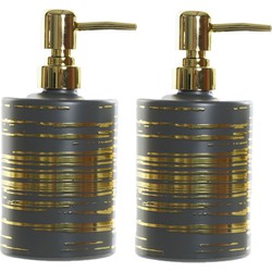 2x stuks zeeppompjes/zeepdispensers grijs met gouden strepen van glas 450 ml - Zeeppompjes