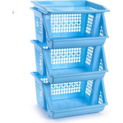 1x Blauwe opberg stapelkratten/organizers 3 vakken 62 x 32 cm - Opbergmanden