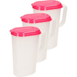 3x stuks waterkan/sapkan transparant/fuchsia met deksel 2 liter kunststof - Schenkkannen