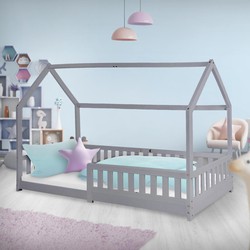 Kinderbed met uitvalbeveiliging lattenbodem en dak 200x90 cm Lichtgrijs grenenhout ML-Design