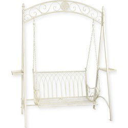 A TWO-SEAT WHITE IRON SWINGBENCH