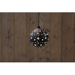 GLAS BAL ZWART MET STERREN 15CM / LED WARM WIT 2XAAA