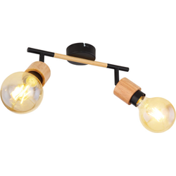 Houten plafondlamp 2-lichts met metaal | Zwart | E27 | Plafondspots | Binnen | Industrieel