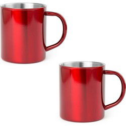 Luxe drinkbeker/koffiemok - 2x - metallic rood - 280 ml - RVS - Bekers