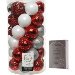 Kerstversiering mix pakket kunststof kerstballen 6 cm zilver/rood/wit 37x stuks met haakjes - Kerstbal