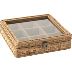 J-line - Doos Vierkant 9 Compartimenten Rotan/glas Naturel - 31x30x8cm