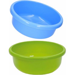 Set van 2 ronde afwasteiltjes 9 liter in de kleuren blauw en groen 36 x 13 cm - Afwasbak