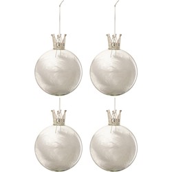 J-line - Doos Van 4 Kerstballen Kroon Pluim Wit Glas Klaar Medium - 10x10x10cm