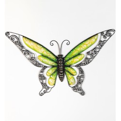 Anna's Collection Wanddecoratie vlinder - groen - 49 x 28 cm - metaal - muurdecoratie/schutting - Tuinbeelden
