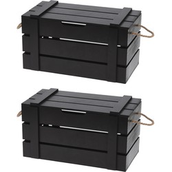2x stuks houten opberg/opslag kratten stapelbaar met deksel zwart 18 x 34 cm - Opbergkisten