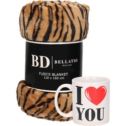 Valentijn cadeau set - Fleece plaid/deken tijger print met I love you mok - Plaids