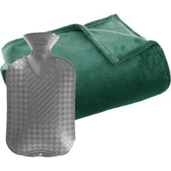 Fleece deken/plaid Groen 130 x 180 cm en een warmwater kruik 2 liter - Plaids